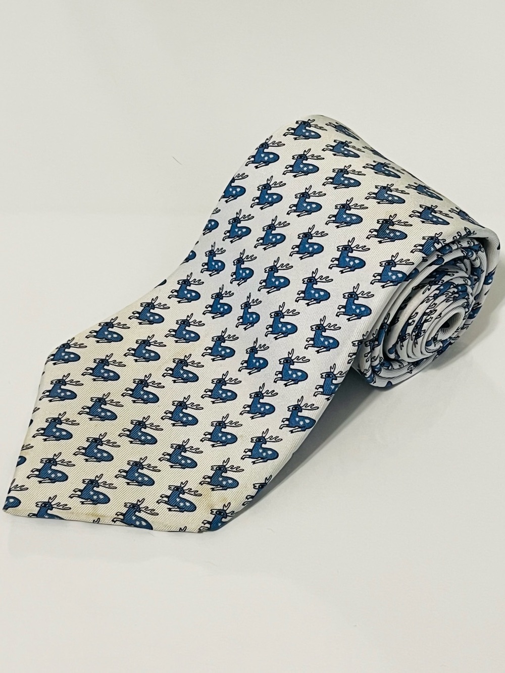 HERMES 5278 SA Mens Neck Tie 100% Silk Deer Stag Novelty Blue France Fathers Day